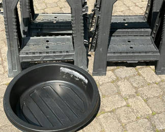 Lot 184: Four Folding Plastic Sawhorses And Large Oil Pan