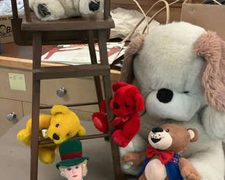 Lot 59: Assorted Plush Toys and a toy wooden highchair