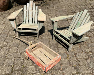 Lot 58: Two weathered green wooden chairs with Coca-Cola wagon and crate