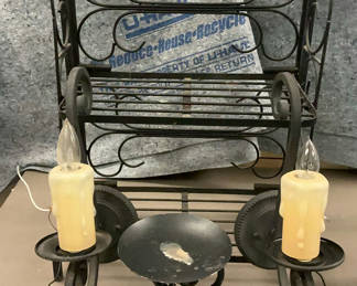 Lot 113: Black Wrought Iron Small Shelf, Sconces, Candle Holder