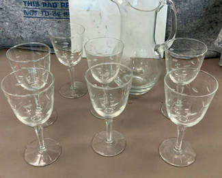 Lot 178: 7 Etched Wine Glasses, Water pitcher