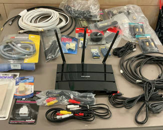 Lot 47: TP-Link Router with assorted AV cables and accessories