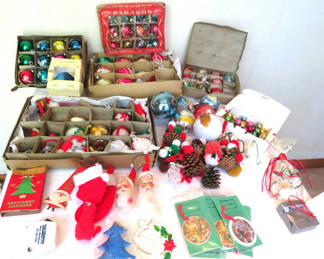 Lot 54: Large Lot of Vintage Christmas Ornaments Glass Porcelain Santas