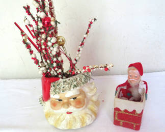 Lot 70: Vintage Relpo Ceramic Santa Planter and Santa in Chimney