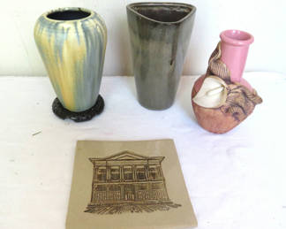 Lot 80: 4 piece pottery lot vases and tile some signed