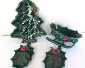 Lot 60: Vintage Lefton Holly Berry Tree Sleigh and Candy Dishes