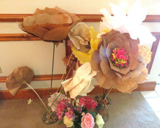 Lot 105: Giant Handmade Paper Flowers and Faux Flowers in vase