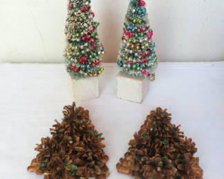 Lot 62: 2 pairs of Vintage Flocked Christmas Trees and 2 Pine Cone Trees
