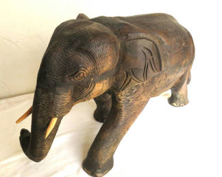Lot 6: Large 20" Carved Wood Elephant With Tusks Signed 