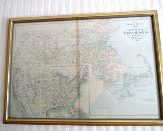 Lot 22: Antique Massachusetts & USA FRamed Map 1898 Framed