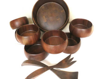 Lot 17: Vtg MCM Didware Walnut Salad Bowl Set with Serving Pair
