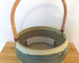 Lot 161: Studio Pottery Planter Basket with Bamboo Handle Signed