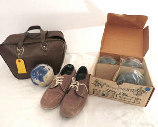 Lot 154: Candlepin Bowling Balls, Shoes, and Bag