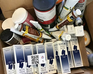 Lot 5: Assorted paint supplies including acrylics and spray paints - BOX IS HEAVY