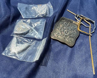 Lot 127: Engraved Western belt buckle with heart conchos and hardware