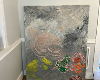 Lot 20: 60x48 original acrylic Abstract textured canvas painting with circular motifs