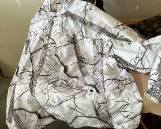 Lot 145: Camouflage jacket (Huntworth and GS Guide Series) and camo pant with. Small folding chair