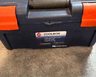 Lot 180: 20-inch blue toolbox with orange latches and assorted hardware