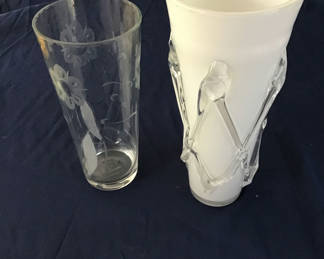 Lot 40: Two glass vases: etched floral clear vase and frosted white vase with clear geometric accents