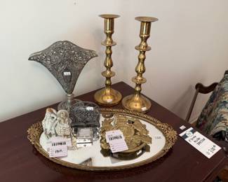 Ethan Allen Dresser, Candlestick Holders, Mirrored Tray, VTG Victorian Couple Porcelain Figures