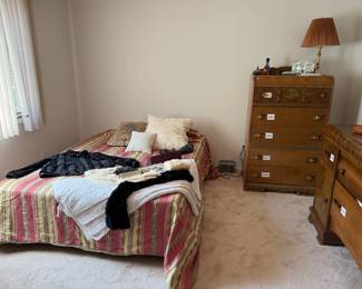 Bed, Bedding Decorative Pillows, Clothing, Dressers, Table Lamp