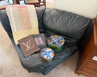 Green Leather Sofa, Quilt, Marbles