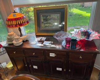 Wooden Dresser, Decorative Glass, Framed Art, Stained Glass Lamp