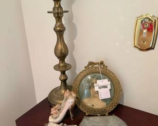 Candle Holder, Vtg Coin Purses, VTG Portrait in Bubble Glass Frame