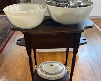 Mixing Bowls Silverware, Wooden Side Table