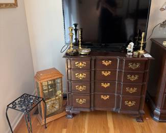 Plant Stand, Vtg Wooden Clock, Candlestick Holders, Mosaic & Brass Trinket Dish, TV