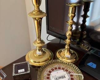 Mosaic & Brass Trinket Dish, Candlestick Holders