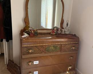 Vtg Wooden Dresser & Mirror
