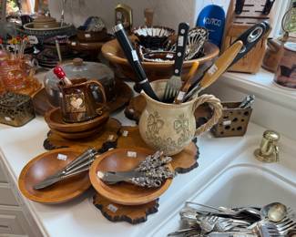 Wooden Bowls, Silverware, Ceramic Pitcher