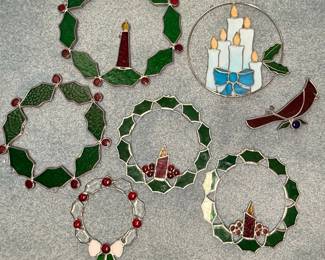 Stained Glass Christmas Wreath & Candle Ornaments