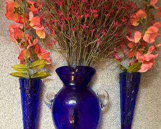 Cobalt Blue Glass Vase and Wall Pockets Set