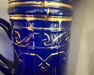 Bohemian Cobalt Blue Glass Pitcher with Gold Gilt