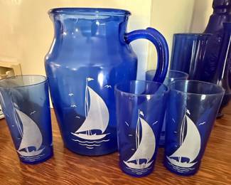 Hazel Atlas Cobalt Blue Sailboat Pitcher and Glasses Set