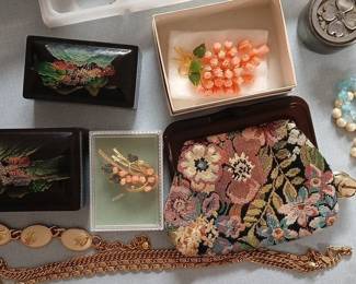 Vintage Costume Jewelry Assortment with Boxes and Clutch