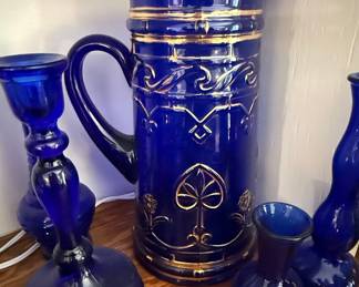 Bohemian Cobalt Blue Glass Pitcher with Gold Gilt