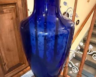 Cobalt Blue Glass Vase with Floral Etching on Ornate Base