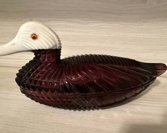 L.G. Wright Atterbury Amethyst Glass Duck Covered Dish