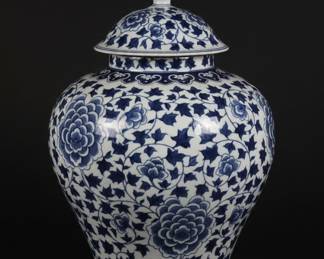 Blue and White Floral Porcelain Temple Jar