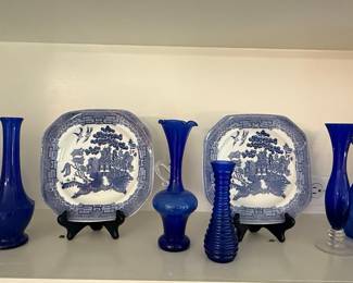 Blue Willow Pattern Plates and Cobalt Glass Vases