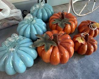 Set of 3 Blue Glass & 4 Orange Ceramic Pumpkins