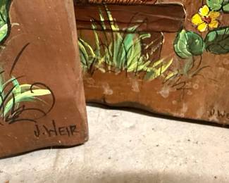 J. Weir Signed Sunflower and Beehive Wood Plaques