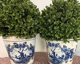 Delft Blauw Style Windmill Planter Pair