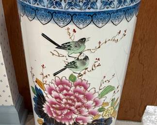 Chinese Export Style Ceramic Umbrella Stand with Peony and Bird Motif
