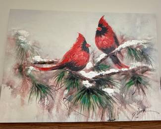 Cardinal Pair Winter Scene Oil Painting Style