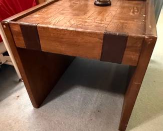 Parquet Top End Table with Leather Accents