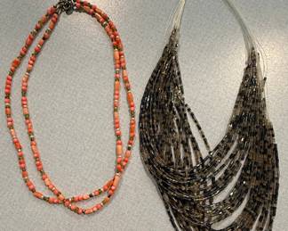 Multi-Strand Coral and Seed Bead Necklace Set